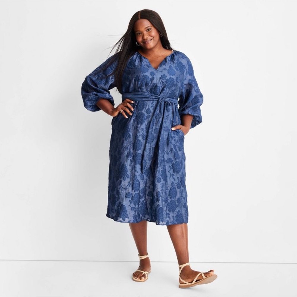 Future Collective Women’s Puff Sleeve Belted Midi Dress - 1X